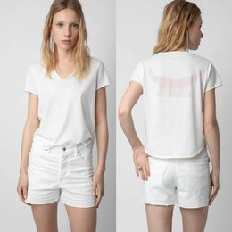 2024 Summer New French Zadig&Voltaire Back Pink Wing Printed Button U-neck T-shirt Women's Casual Versatile White Short sleeved T-shirt