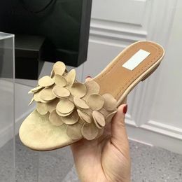 Slippers Style Women Petals Decor Open Toe Flats Slides Suede Leather Slip On Solid Simple Casual Beach Shoes Female Zapatos