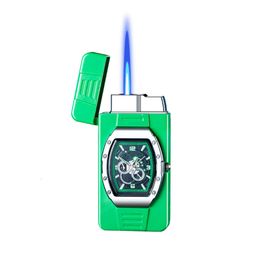 Fashionable Metal Body Straight Blue Flame Lighter With Luminous Clock Display Windproof And Iatable For Cigarette Usage