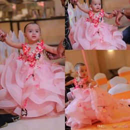 Lovely Pink Tulle Toddler Flower Girl A Line Butterfly 3D Floral Applique Layered Ruffles Girls Pageant Dresses Birthday Party Dress 0430