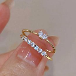 Band Rings Luxury Zircon Heart Ring for Women Open Adjustable Woven Rhinestone Engagement Wedding Jewelry Fashion Girlfriend Gift Q240429