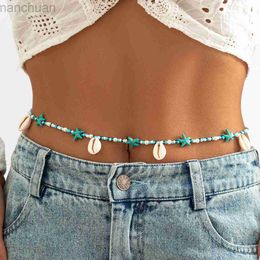 Waist Chain Belts Salircon Boho Blue Rice Beads Beaded Waist Chain Fashion Simulation Shell Starfish Pendant Belly Chain Sexy Bikini Body Jewellery d240430