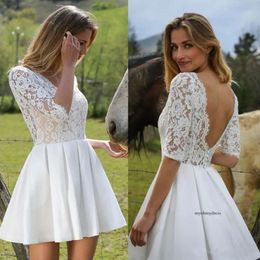 Cheap Beach Marie Laporte Short Dresses Backless V Neck Lace Applique 1/2 Sleeves Plus Size Wedding Dress Bridal Gowns 0430