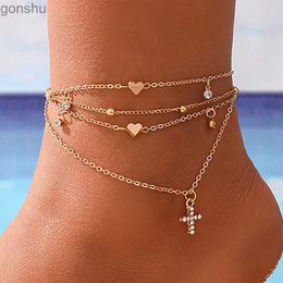 Anklets Fashionable Crystal Cross Heart shaped Bracelet for Womens Summer Beach Bracelet Snake Chain Leg and Foot Girl Jewellery Accessories WX