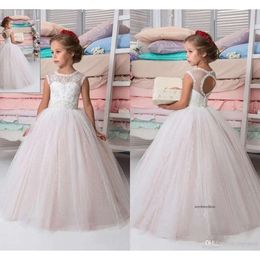 Ny Elegant Jewel Neck Flower Girl Dress ärmlös applicerade paljetter Tulle Girls Pageant Ball Gown Formal OCN Wear Custom Made 0430