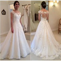 Lace Illusion Dresses Wedding Appliques Neck Cap Sleeves Country Beach Sweep Train Button Back Formal Plus Size Bridal Gowns Custom