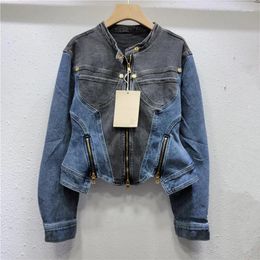 Women's Jackets SuperAen Spring/Autumn 2024 Stand Up Collar Denim Coat Pocket Patch Zippered Long Sleeve Flounce