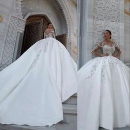 Sukienki piłka ślubna arabska sukienki formalne suknie ślubne satynowe koronkowe aplikacje kryształowe koraliki Orsarki odłączane pociąg długie rękawy vestidos de novia s s s s