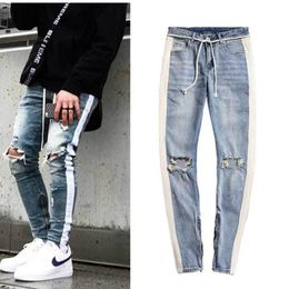 Men's Jeans Man 'side Stripe Zipper Designer INS Stretch Broken Hole Black Hip Hop Sportswear Elastic Waist Joggers Pants Fashion Cloting 260E