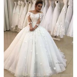 New Arrival Arabic A-Line Wedding Dresses Off Shoulder Tulle Lace 3D Appliques 1/2 Sleeve Plus Size Bridal Gowns Vestido De Novia 0430