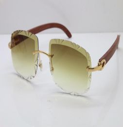 Rimless Wood Sunglasses T8200762 Carved lens Vintage women Trimming Lens Unisex C Decoration Manufacturers whole Designer1977924