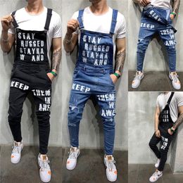 New Men's Bib Pants Solid Colour Overalls Jeans Letters Printed Skinny Slim Fit Denim Trousers Jumpsuits Suspenders Streetwear 227p