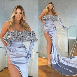 Formal Sequins Off Mermaid Blue Shoulder Evening Party Prom Dress Pleats Thigh Slit Dresses For Special Ocn es