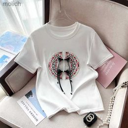 Women's T-Shirt Womens O-neck T-shirt Summer Tassel Flower Embryo Womens Top T-shirt Casual Black and White Bottom T-shirt Womens Fashion ClothingWX