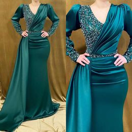 V Muslim Elegant Green Dark Evening Dresses Neck Sleeves Party Prom Pearls Beading Sweep Train Long Dress For Special Ocn