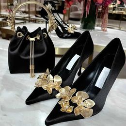 Dress Shoes 2024 Black Silk Design Heels Women Gold Metallic Flower Decoration Pumps Sexy Pointed Toe Fine High Heel Party H240430