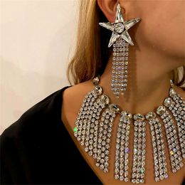 Costume Accessories 2pc Shining Five Pointed Star Tassel Rhinestone Necklace Earrings Fashion Wedding Party Crystal Set Jewellery