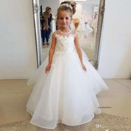 White Spring Flower Dresses For Weddings Lace Appliques Jewel Neck Sheer Bead Pageant Dress Tulle A Line Girls Party Gowns 0430