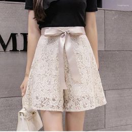 Women's Shorts Fashion Zipper Bandage Bow Hollow Out Lace Clothing 2024 Summer Loose Sweet Solid Colour High Waist