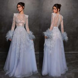 Illusion Long Elegant Evening Sleeves Dresses Blue Party Prom Sequins Feathers Cuff Formal Long Red Carpet Dress For Special Ocn