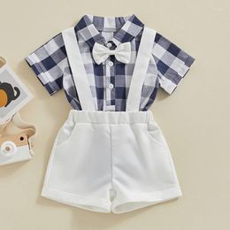 Clothing Sets Baby Boy Summer Outfits Short Sleeve Button Down Plaid Tops Adjustable Suspender Shorts Infant Toddler Set