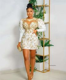 Aso Ebi African O Neck Short Prom Dress For Black Girl 2022 With Gold Lace Appliques Party Dresses Long Sleeve Tail Homecoming Gowns 0431