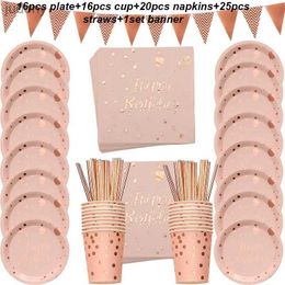 Disposable Plastic Tableware Rose gold party disposable tableware set cardboard cup rope adult birthday party decoration childrens baby supplies girl WX