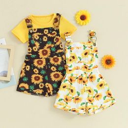 Clothing Sets FOCUSNORM 2PCS Toddler Kids Girls Summer Clothes 0-5Y Outfits Short Sleeve Ribbed Tops Sunflower Suspender Shorts