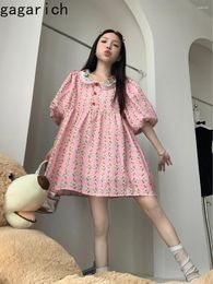 Party Dresses Gagarich Korean Fashion 2024 Women Dopamine Sweet Flower Print Doll Neck Bubble Sleeve Dress Loose Floral Short Girl Vestidos