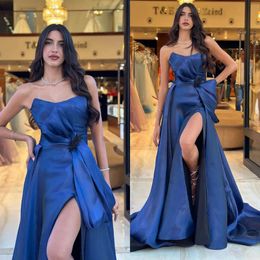 Prom Dresses Line A Elegant Blue Navy Strapless Evening Dress Bow Knot Waist Pleats Split Formal Long Special Ocn Party Dress