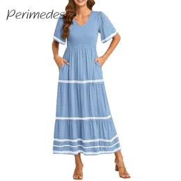 Casual Dresses Women'S 2024 Dress Short Sleeve Pleated Strap Glamorous Classy V Neck Sundress Knee-Length Fashion Vestidos