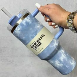 DHL Wisteria quencher 40oz tumbler tie dye light blue pink leopard handle lid straw beer mug water bottle powder coating outdoor camping cup