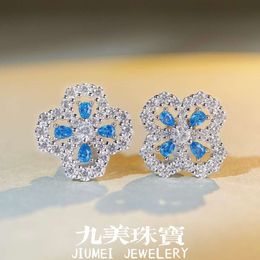 HW Designer Jewelry Pendant Earrings Pendant Earrings New s925 Sterling Silver Clover Full Diamond Earrings Womens Blue Ocean Blue Diamond HW Earrings