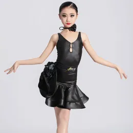 Stage Wear Kids Performance Dancing Dresses Black Leather Latin Dance Dress Girls Sleeveless Ballroom Costume DWY9831