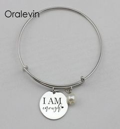 I AM ENOUGH Inspirational Hand Stamped Engraved Custom Pendant Charm Wire Expandable Handmade Bangle Bracelet Jewelry10PcsLot 5241687