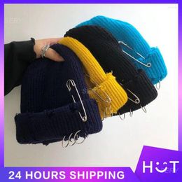 Berets Metal Ring Stylish Hat Stretchable Hip Hop Knitted Unique Ripped Holes Trendy Beanie Unisex