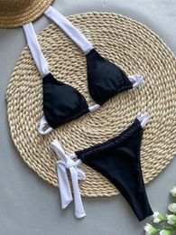 Women's Swimwear Sexy Black White Contrast Bikini 2024 Women Halter Push Up Tie Side Thong Swimsuit Summer Bandage Bathing Suit Micro