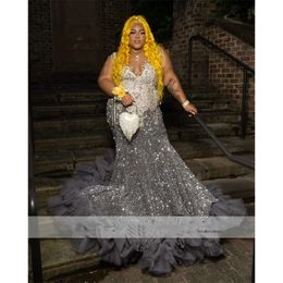 Sparkly Sier Prom Dress for Black Girls Plus Size Glitter Sequin Crystal Rhinestones Ruffle Bead Evening Party Gown 0431