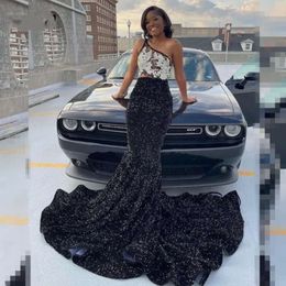 Sexy One Shoulder Sequin Prom Dresses For Black Girls Mermaid Evening Gowns Rhinestone Vestidos De Gala 2024 Party Dress 0431
