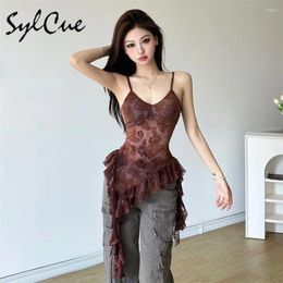 Women's Tanks Sylcue 2024 Summer Coffee Vintage Embroidery Sexy Mature Beautiful Street Cool Women Irregular Ruffled Perspective Vest