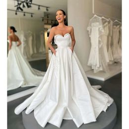 Dresses Pearls Sweetheart Bride Line A For Detail Satin Wedding Dress Vestidos De Novia Sweep Train Corset Back Designer Bridal Gowns signer