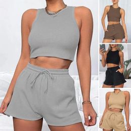 Women's Tracksuits 2 Pcs/Set Women Crop Top Shorts Set Drawstring Elastic High Waist Solid Colour O Neck Sleeveless Stretchy Thread