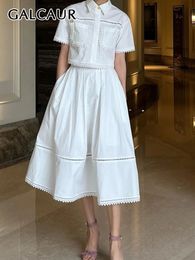 GALCAUR Elegant Two Piece Sets For Women Lapel Short Sleeve Tops High Waist A Line Pleated Skirts Solid Set Female Summer 240419