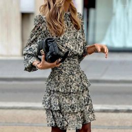 Casual Dresses Spring Long Sleeved Pleated Boho Dress Vintage Floral Print Layered Cake Lady Half High Collar Waist Mini