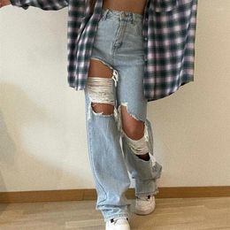 Women's Jeans 2024 Fashion Ripped Women Denim Pants High Waist Hole Baggy Straight Casual Sexy Loose Wide Leg Trouser Streetwear