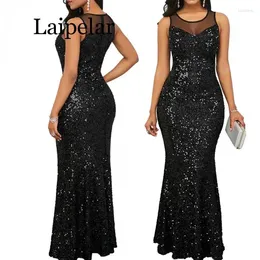 Casual Dresses Black Sleeveless Lace Splice Bodycon Dress 2024 Fashion Tied Night Party Long Sexy Sequin Slim Floor