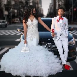 Sparkly White Ruffles Mermaid Prom Dress For Black Girls 2024 Diamonds Beaded Tiered Formal Party Gala Gowns 0431