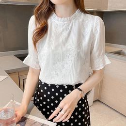 Women's Blouses Summer Style Embroidery Trend Auricle Edge Simple And Versatile Casual Shirt With Round Neck Short Sleeve Chiffon