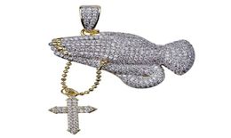 Hip Hop Brass Double Colors Iced Out Micro Pave CZ Praying Hands Pendant Necklace Charm For Men Women8143439