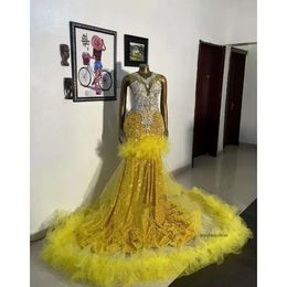 2024 Yellow Elegant Evening Dress Black Women's Gowns Cake Skirt Lace Hem Glitter Sequins Applique Mermaid Floor Length Dresses 0431